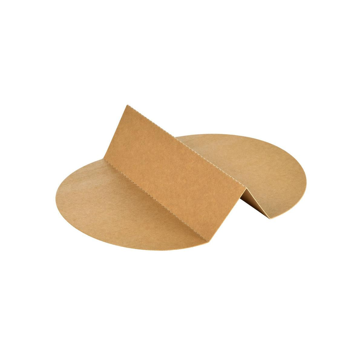 Zwei runde, braune FSC-Kartonscheiben sind durch ein gefaltetes rechteckiges Stück verbunden, das den Duni GmbH Kartonteiler RONDA 1300 ml für 196014 Braun Karton FSC/PLA (263x173x1), für Lebensmittelverpackungen darstellt. Die Baugruppe steht auf einem weißen Hintergrund.