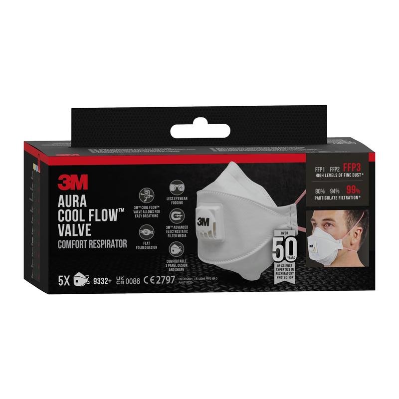 Una scatola nera della maschera antiparticolato 3M™ Aura™ Comfort Cool Flow™ 9332+ (FFP3, con valvola) di 3M Deutschland GmbH con un'immagine della maschera bianca, le caratteristiche principali, la classificazione FFP3 e informazioni su una confezione da 5 maschere respiratorie.