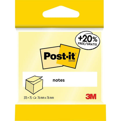 Una confezione di Post-it® Notes di 3M Deutschland GmbH, giallo, 76 mm x 76 mm, 450 fogli/blocco, 1 blocco/confezione, con "+20% gratis", certificato PEFC (SGSCH-PEFC-COC-110078), intestazione gialla e logo del marchio.