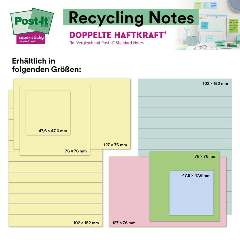 L'immagine mostra Post-it® Super Sticky 100% Recycling Notes (47,6 x 47,6 mm, 70 fogli/blocco, certificato PEFC) di 3M Deutschland GmbH in colori pastello, con una piccola foto che le mostra su una parete e su una scrivania.