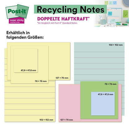 L'immagine mostra Post-it® Super Sticky 100% Recycling Notes (47,6 x 47,6 mm, 70 fogli/blocco, certificato PEFC) di 3M Deutschland GmbH in colori pastello, con una piccola foto che le mostra su una parete e su una scrivania.