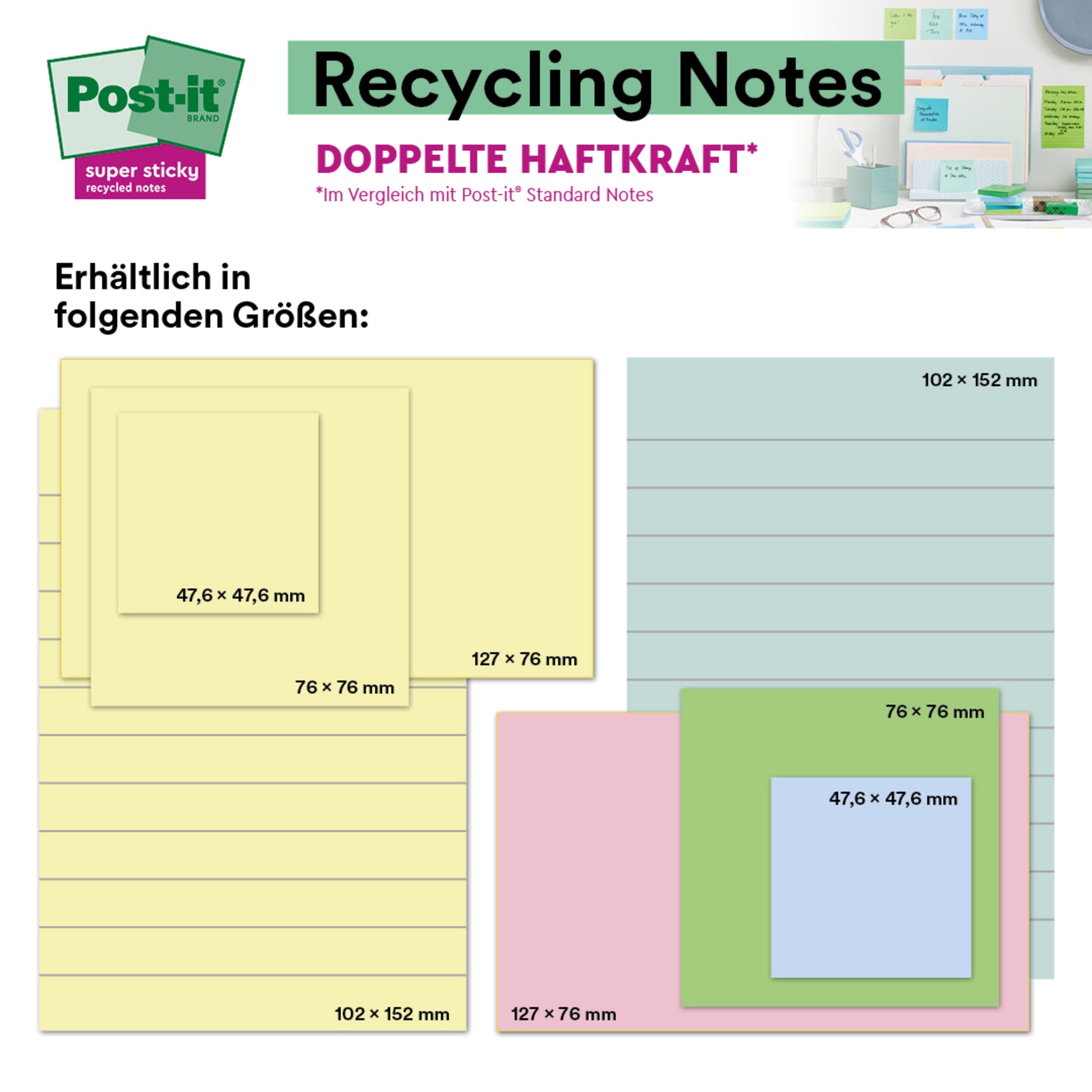 Eine Tabelle zeigt 3M Post-it® Super Sticky 100% Recycling Notes (76x76 mm, 70 Blatt pro Stück, PEFC-zertifiziert), wobei gelbe, blaue, pinke und grüne Optionen mit doppelter Klebekraft hervorgehoben werden.