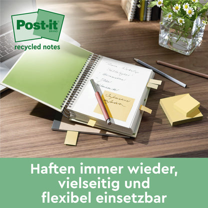Auf einem Schreibtisch liegen eine Packung Post-it® Recycling Z-Notes (Gelb, 76x76 mm, 100 % PEFC, 6 Blöcke) der 3M Deutschland GmbH, ein Stift, ein aufgeschlagenes Notizbuch und weiteres Material. Der deutsche Text betont die Vielseitigkeit und Wiederverwendbarkeit der Haftnotizen.