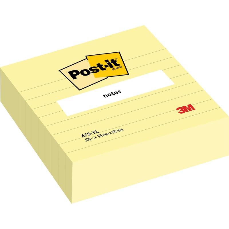 Un blocco di foglietti adesivi Post-it® gialli imbottiti in formato grande (101 mm x 101 mm, 300 fogli) di 3M Deutschland GmbH con etichetta "notes" bianca e logo 3M rosso - ideale per appunti organizzati e generosi.