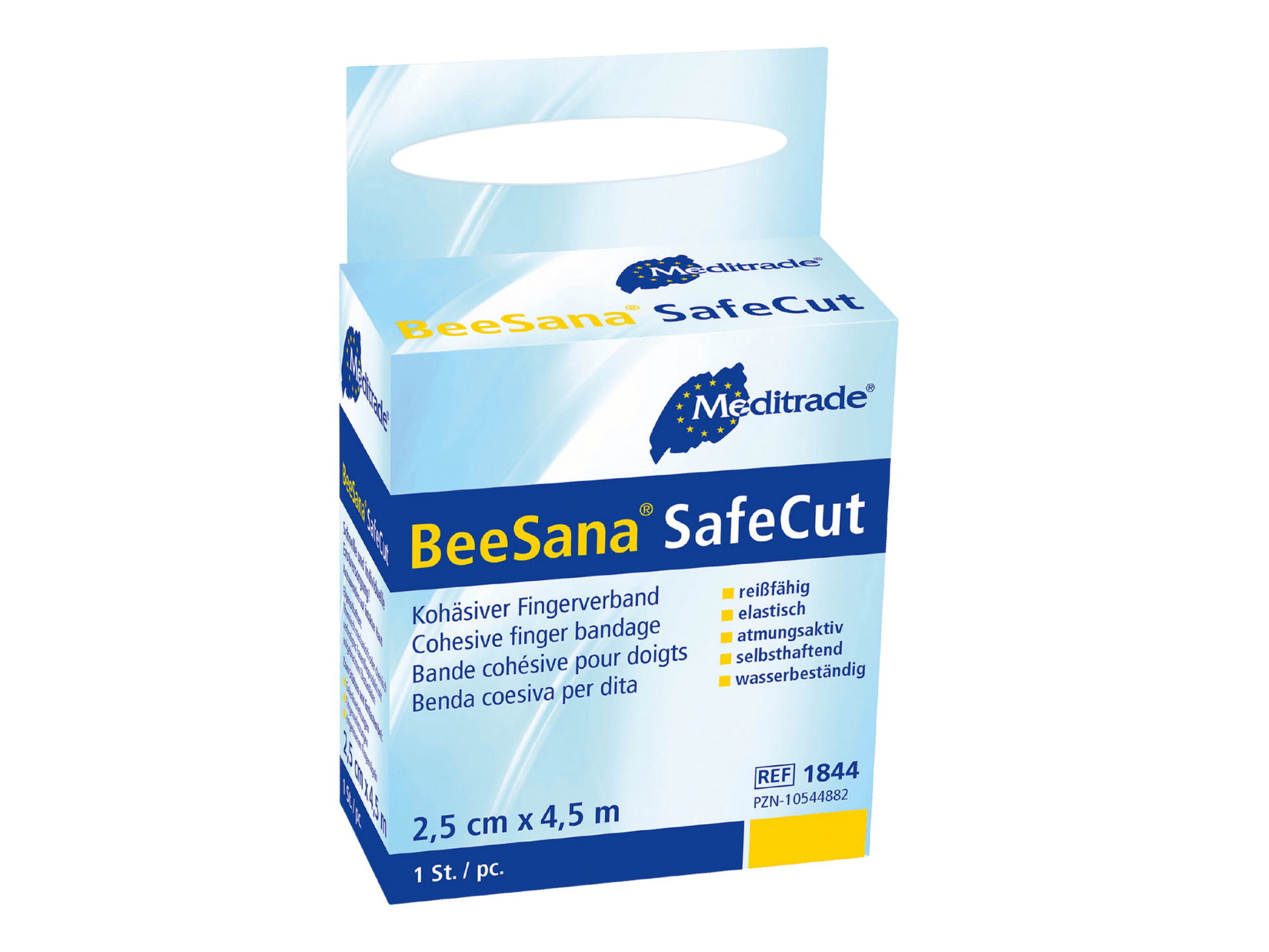 Eine Schachtel BeeSana® SafeCut Fingerpflasterverband von Meditrade GmbH auf grünem Hintergrund. Die Schachtel ist weiß und blau mit einem Text, der den Produktnamen und die Größe (2,5 cm) angibt.