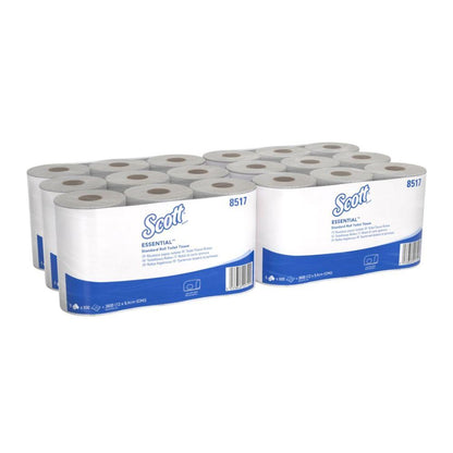 36 rotoli di carta igienica Scott® Essential™ a 2 veli 8517 di Kimberly-Clark GmbH sono contenuti in sei pacchetti confezionati in bianco-blu all'interno della scatola. Il prodotto è certificato FSC e realizzato con fibre riciclate.