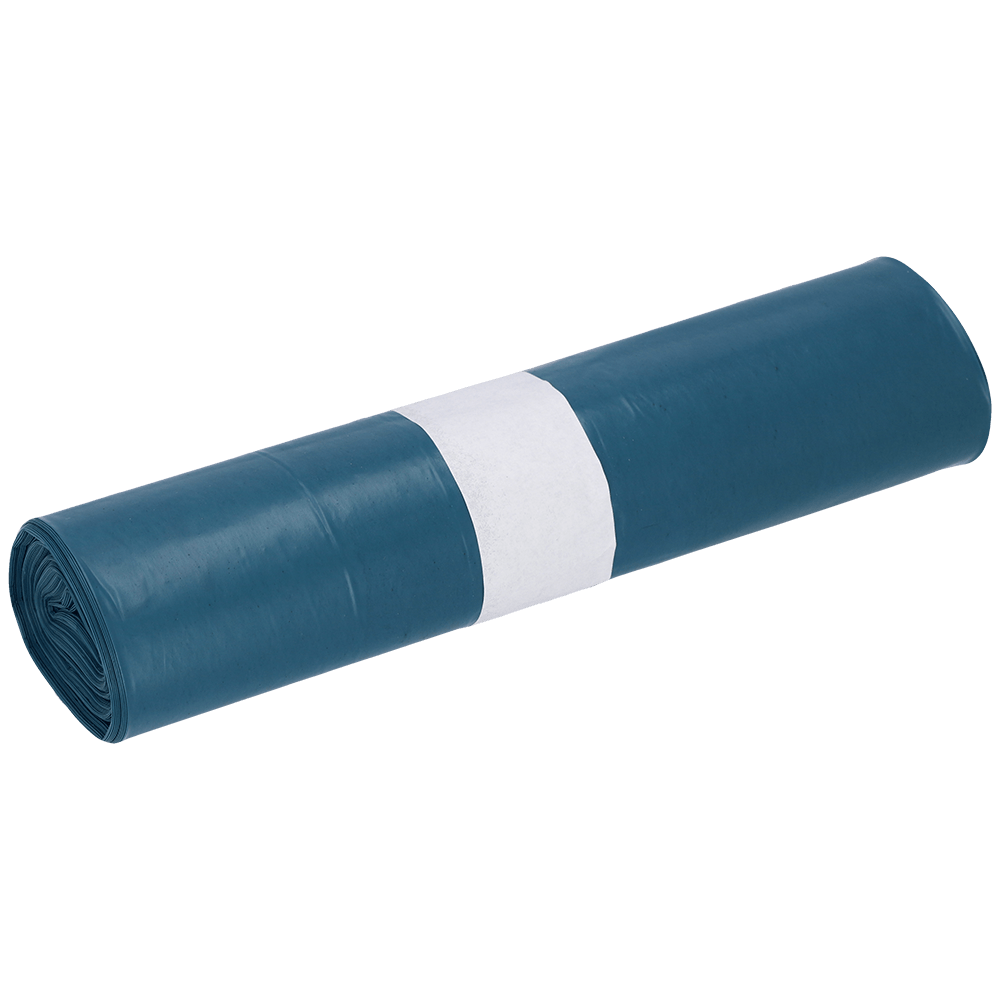 Un rotolo di sacchi della spazzatura EMIL DEISS KG (GmbH + Co.) DEISS in LDPE riciclato da 35 l in blu (25 pezzi) è avvolto strettamente con una fascia di carta bianca al centro e si trova davanti a uno sfondo a tinta unita.