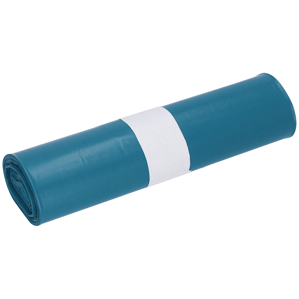 Un rotolo di sacchetti blu DEISS 20025 (480x650 mm Tipo 70) della EMIL DEISS KG, con una fascia di carta bianca al centro, raffigurato su uno sfondo bianco semplice. Il rotolo contiene 25 sacchi.