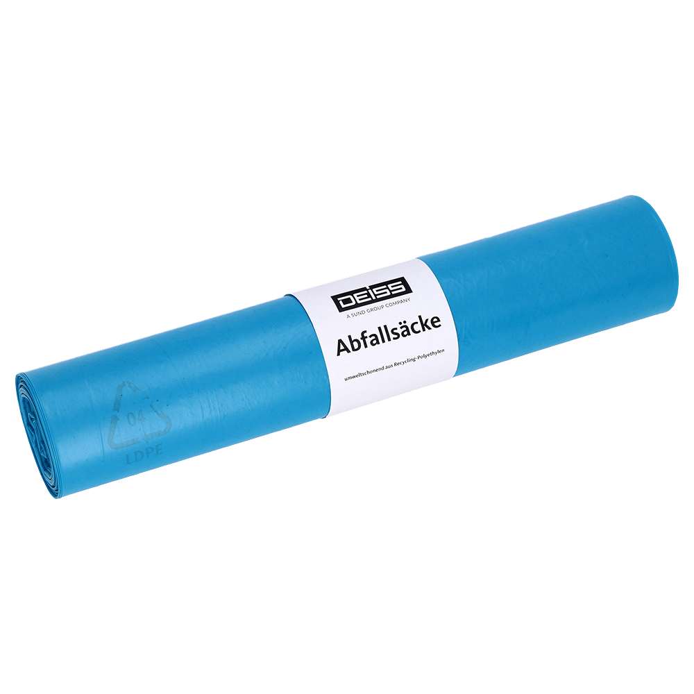Eine Rolle der EMIL DEISS KG (GmbH + Co.) Müllsäcke, DEISS 20103 - 500+400x1100 mm Typ 70 blau, Rolle mit 25 Stück und weißem Etikett für praktische Abfallentsorgung, präsentiert auf weißem Hintergrund.
