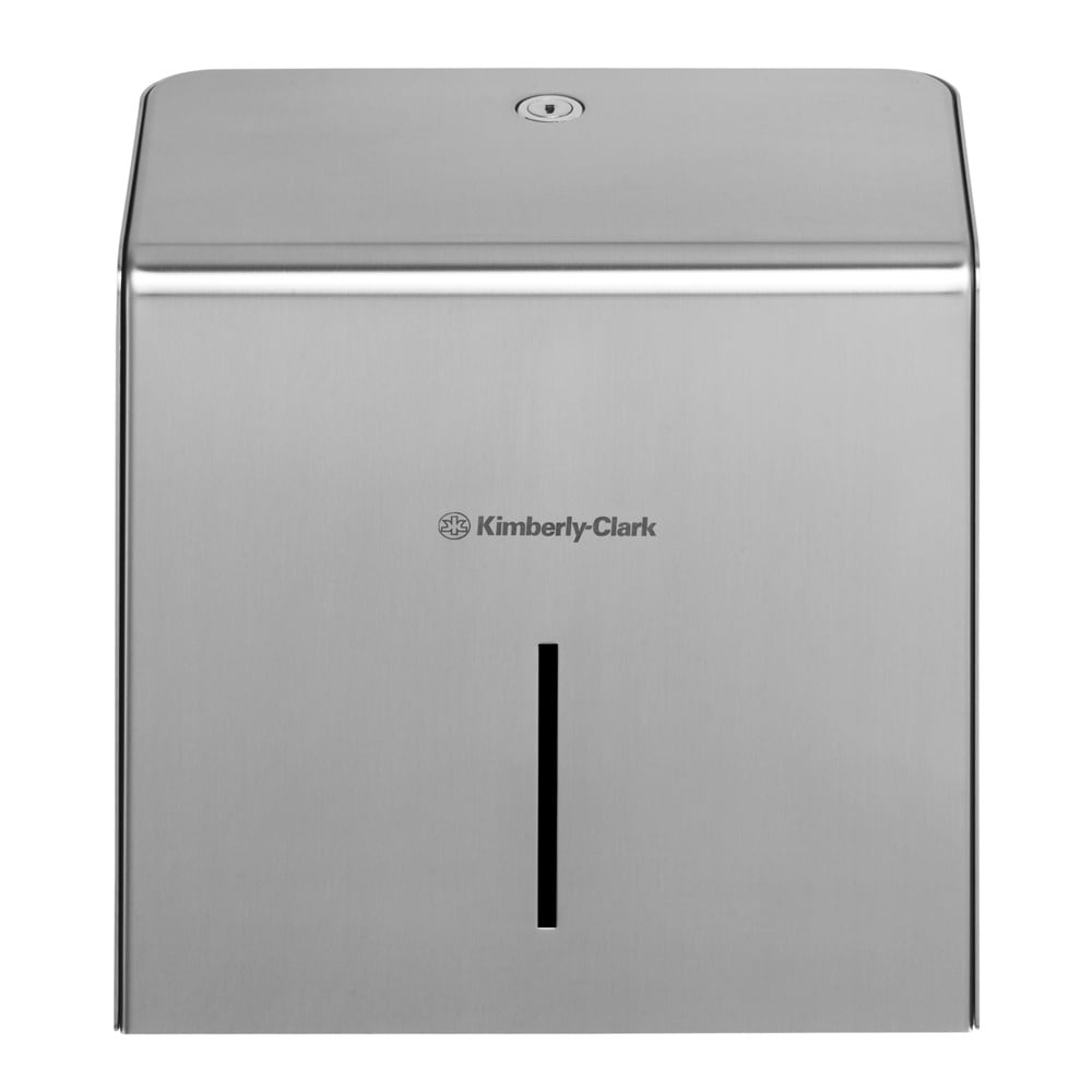 Il dispenser di carta igienica Mini Jumbo Kimberly-Clark Professional™ (acciaio inossidabile) della Kimberly-Clark GmbH ha un design robusto in acciaio inossidabile con una fessura di visualizzazione e un foro per chiave nella parte superiore per un facile accesso, offrendo sia stile che funzionalità.