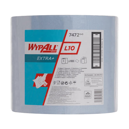 Un grande rotolo di salviette WypAll® L10 EXTRA+ (38,00 cm x 23,50 cm) di Kimberly-Clark GmbH, con un'etichetta multilingue con informazioni sul prodotto, marchio e illustrazioni per la pulizia delle superfici.