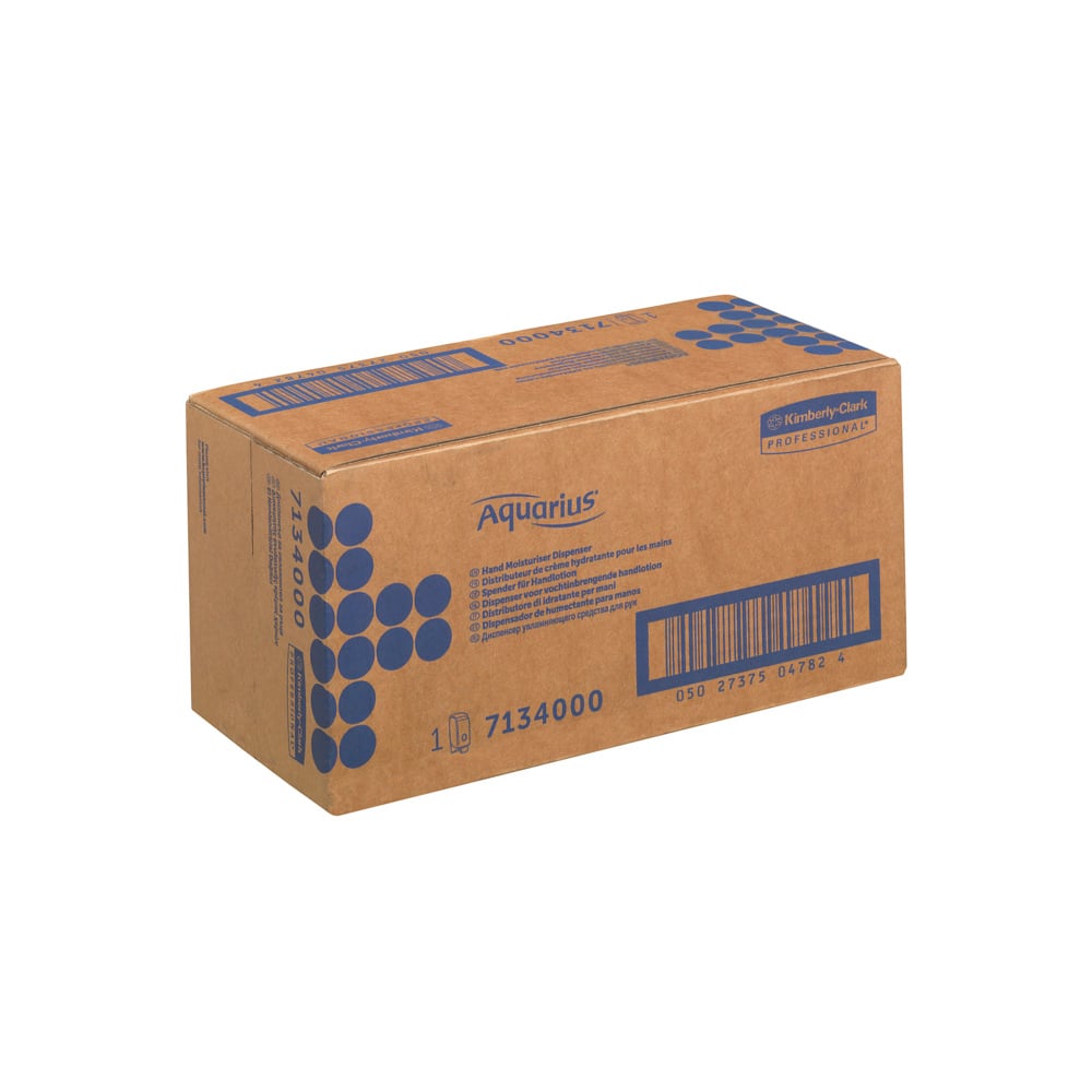 Ein brauner Karton mit blauem "Aquarius"- und "Kimberly-Clark GmbH"-Schriftzug enthält 1 weißen 1L Aquarius™ Hand Moisturiser Dispenser (Auslaufartikel). Auf der Seite befinden sich Barcodes, Produktdaten und Spenderinformationen in deutscher Sprache.