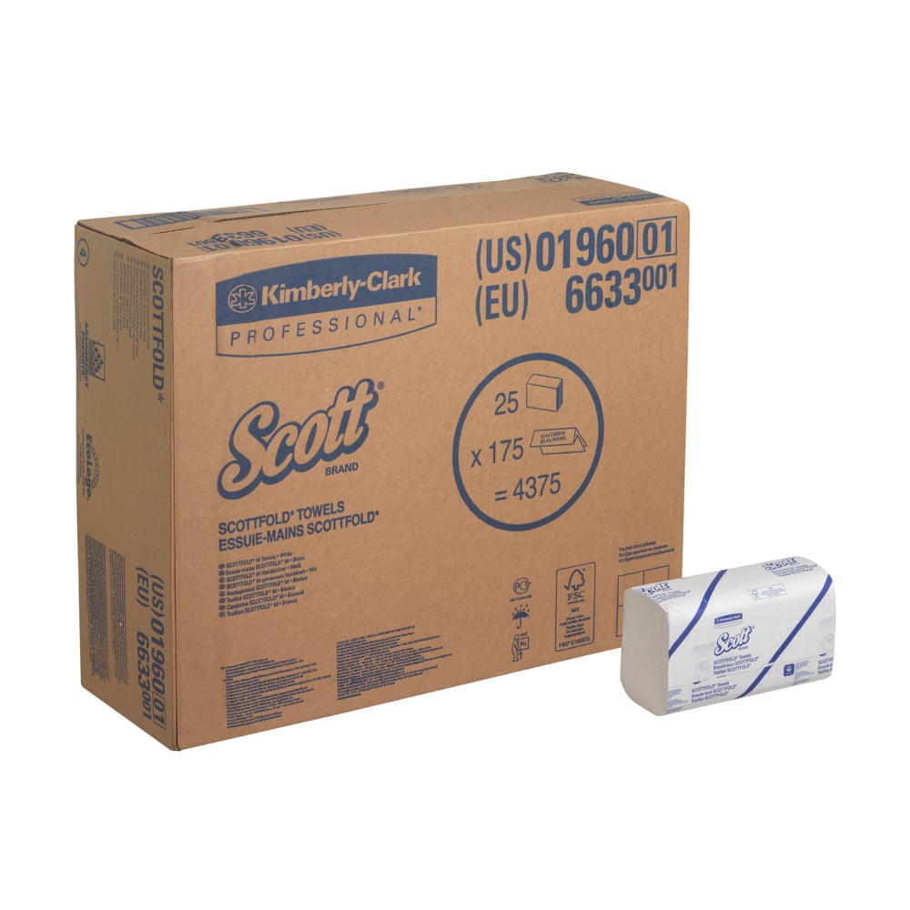 Una grande scatola bianca con la scritta "Scott® SCOTTFOLD* Asciugamani" di Kimberly-Clark GmbH contiene 25 clip x 175 fogli (25 pacchetti) di asciugamani piegati per un'asciugatura delle mani igienica, con i dettagli del prodotto chiaramente visibili.