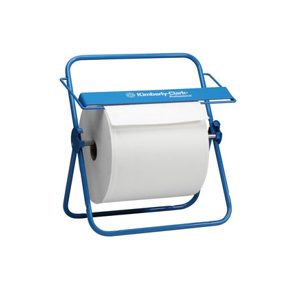 Il supporto a parete Kimberly-Clark Professional™ per rotoli di carta - Rotolo grande in blu della Kimberly-Clark GmbH è un dispenser a parete durevole con manico, ideale per contenere grandi rotoli di carta e facilitare un accesso semplice.