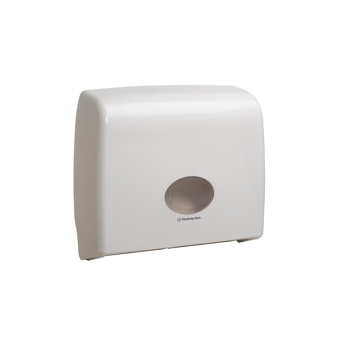 Il distributore di carta igienica Kimberly-Clark Aquarius™ - Jumbo Non-Stop (bianco) è un distributore da parete bianco con una parte superiore arrotondata e un'apertura centrale che rappresenta una soluzione igienica. Il logo Kimberly-Clark si trova direttamente sotto l'apertura. Sfondo bianco monocromatico.