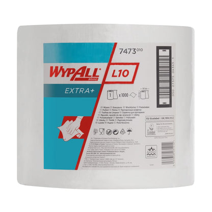 Un grande rotolo bianco di salviette WypAll® L10 EXTRA+ (38,00 cm x 23,50 cm) di Kimberly-Clark GmbH con etichetta blu-bianca, diagramma di applicazione per la pulizia delle superfici e codici a barre.