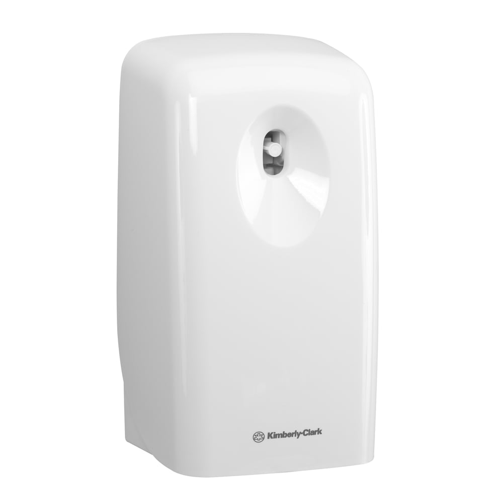 Un dispenser automatico per ambienti bianco della Kimberly-Clark con un ugello frontale, che offre freschezza duratura ed è compatibile con le ricariche Kleenex® Duft Joy (Trasparente, 300 ml - 6 cassette | cartone).