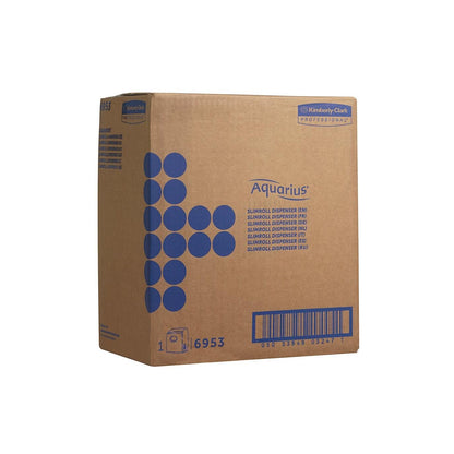 Una scatola bianca con la scritta "Aquarius™ Slimroll™ Rollenhandtuchspender" della Kimberly-Clark GmbH mostra un motivo a punti blu, dettagli del distributore in blu, un codice a barre e il logo Kimberly-Clark Professional nell'angolo in alto a destra.