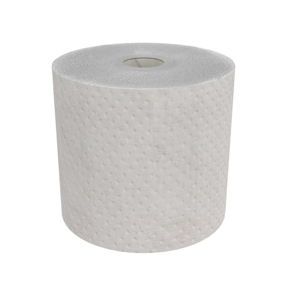 Un rotolo di asciugamani Hostess™ NATURA grigi di Kimberly-Clark GmbH è in piedi su sfondo bianco - ideale per l'igiene sostenibile sul posto di lavoro (6 rotoli/cartone, 1 foglio per rotolo).