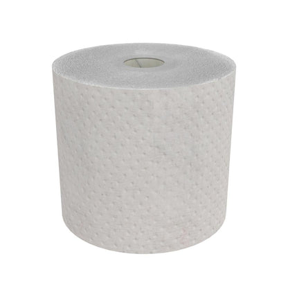 Un rotolo di asciugamani Hostess™ NATURA grigi di Kimberly-Clark GmbH è in piedi su sfondo bianco - ideale per l'igiene sostenibile sul posto di lavoro (6 rotoli/cartone, 1 foglio per rotolo).
