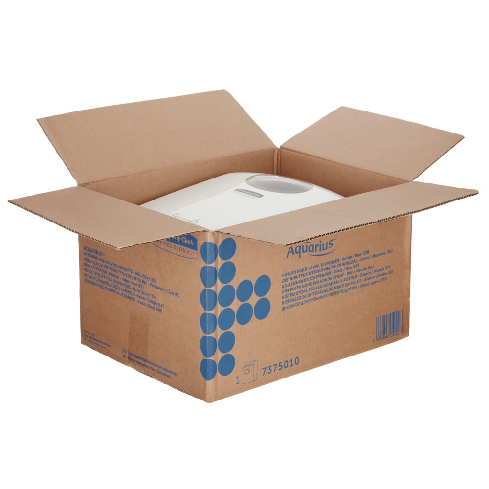 Una scatola di cartone aperta con grafica blu rivela un distributore di asciugamani a rotolo bianco Aquarius™ della Kimberly-Clark GmbH, che sottolinea il suo design igienico per spazi pubblici.