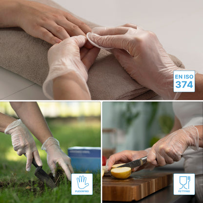 Un collage mostra mani guantate durante la manicure, il giardinaggio e il taglio di una patata. Le icone indicano che i guanti monouso sensibili al tatto ARNOMED VINYL PF di ARNOWA GmbH sono certificati secondo EN ISO 374, privi di polvere e resistenti ai grassi.