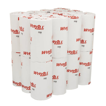 Una confezione di 18 piccoli rotoli di panno di carta WypAll® L10 (1 strato, 46 x 24 cm) di Kimberly-Clark GmbH, contrassegnata con "WypAll 7236" in rosso-ideale per applicazioni alimentari e igieniche.