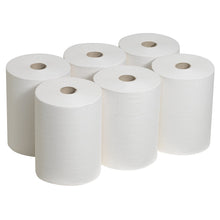 Sei asciugamani Scott® Control™ Slimroll™ - 6 rotoli di Kimberly-Clark GmbH - sono disposti in due file da tre rotoli ciascuna, ideali per un'asciugatura delle mani igienica e salvaspazio su sfondo bianco.
