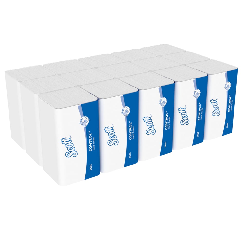 Una pila di asciugamani pieghevoli Scott® CONTROL™ di Kimberly-Clark GmbH in bianco, 15 confezioni x 212 fogli per cartone (15 pacchetti), si distingue per un design assorbente, ideale per un'asciugatura delle mani igienica - in totale 3.180 fogli.