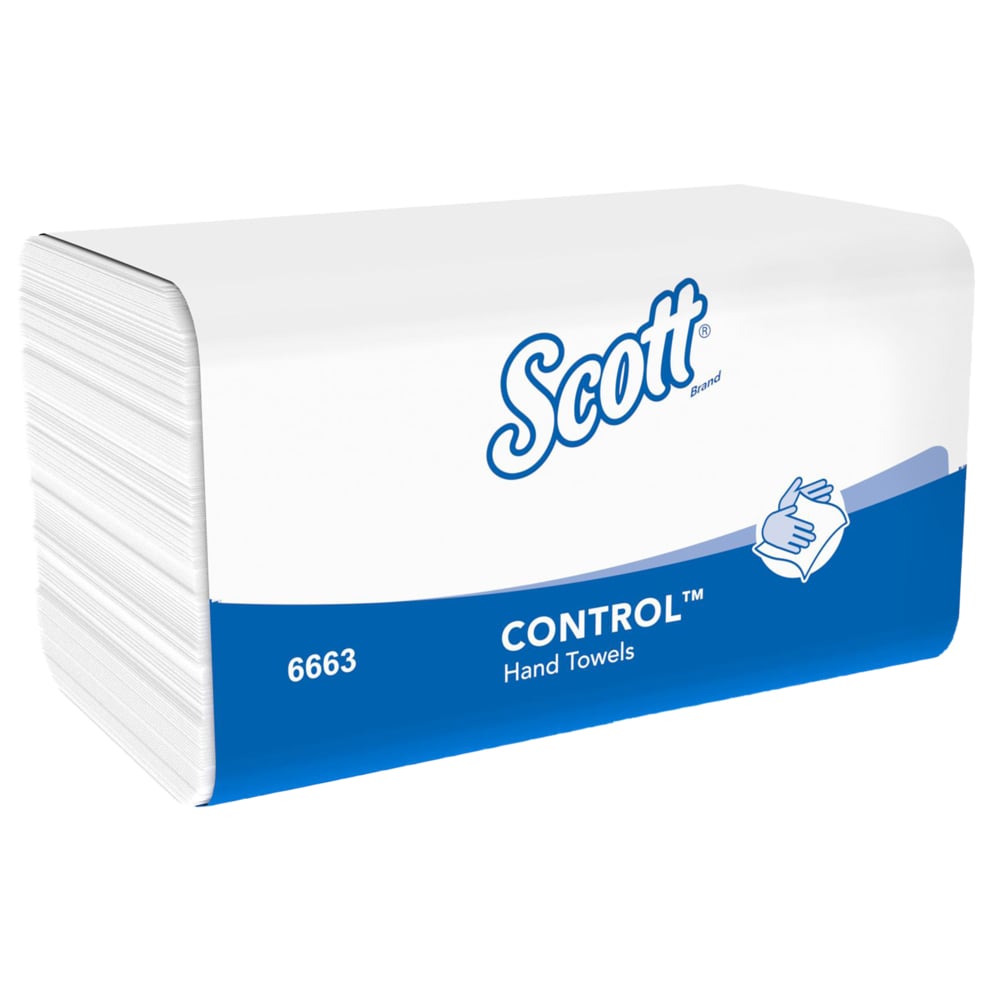 Una confezione di asciugamani pieghevoli Scott® CONTROL™ - Bianco (15 clip x 212 fogli) di Kimberly-Clark GmbH è raffigurata in un imballaggio prevalentemente bianco con fondo blu, che mette in risalto l'asciugatura delle mani igienica con carta assorbente.