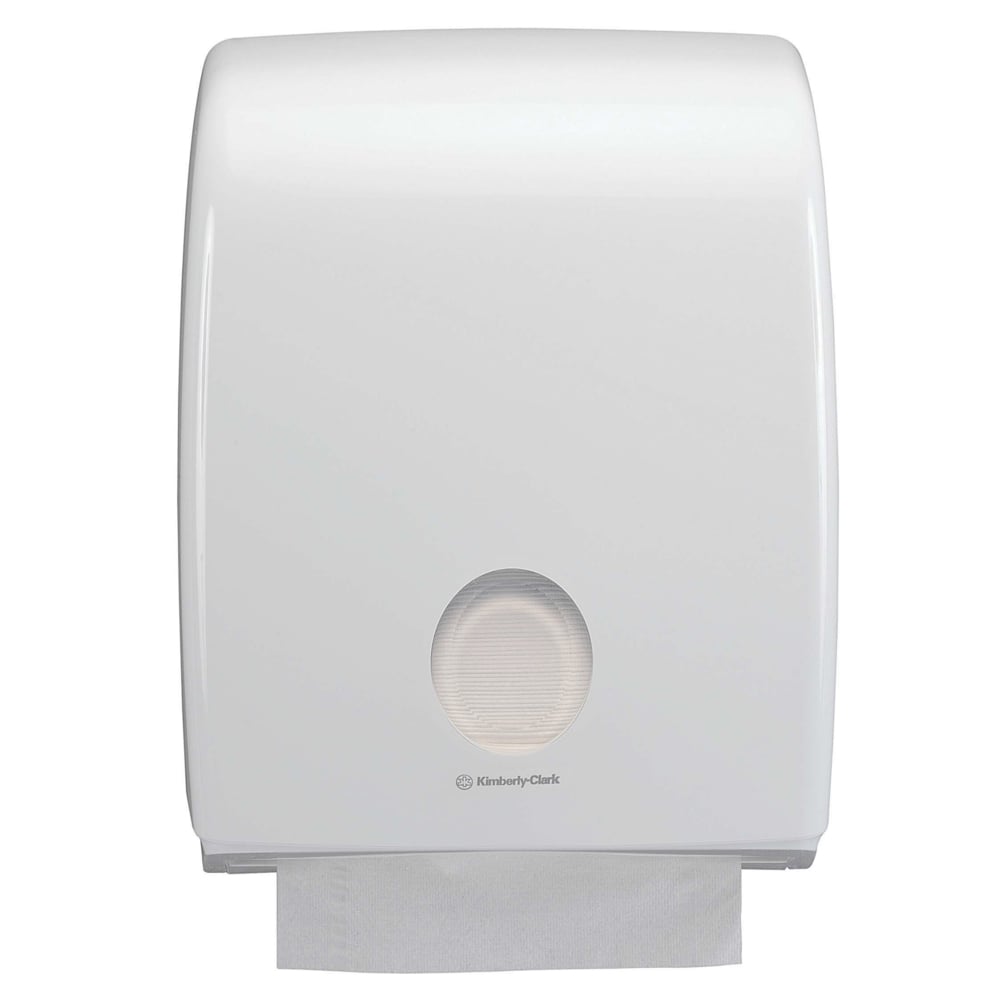 Il distributore Aquarius™ per asciugamani piegati di Kimberly-Clark GmbH in bianco è ideale per formati a piega a C e viene fornito come 1 distributore in cartone.