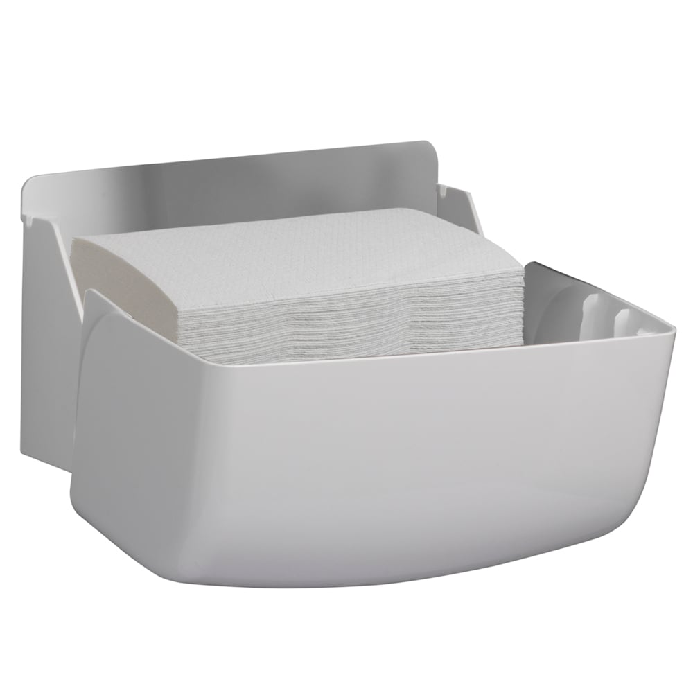 Il distributore Aquarius™ per asciugamani piegati di Kimberly-Clark GmbH è un piccolo distributore bianco da parete con accesso frontale aperto per un'estrazione igienica dei tovaglioli. 1 distributore per cartone.