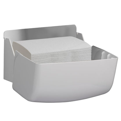 Il distributore Aquarius™ per asciugamani piegati di Kimberly-Clark GmbH è un piccolo distributore bianco da parete con accesso frontale aperto per un'estrazione igienica dei tovaglioli. 1 distributore per cartone.