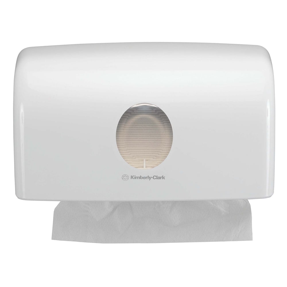 Il distributore Aquarius™ per asciugamani piegati - MultiFold Bianco (Piccolo) di Kimberly-Clark GmbH è un distributore di asciugamani da parete con finestra di visualizzazione per un'estrazione igienica singola - ideale per ogni bagno.
