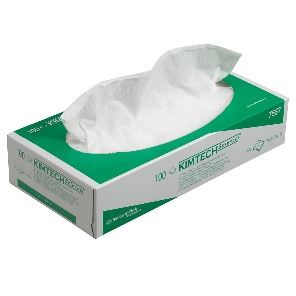 Una scatola rettangolare di salviette di precisione Kimtech® Science della Kimberly-Clark GmbH, verde e bianca, contiene 100 salviette da laboratorio bianche a 2 strati, che vengono parzialmente estratte dall'apertura ovale superiore. Venduto come 24 cartoni x 100 fogli per cartone (cartone con 24 scatole).