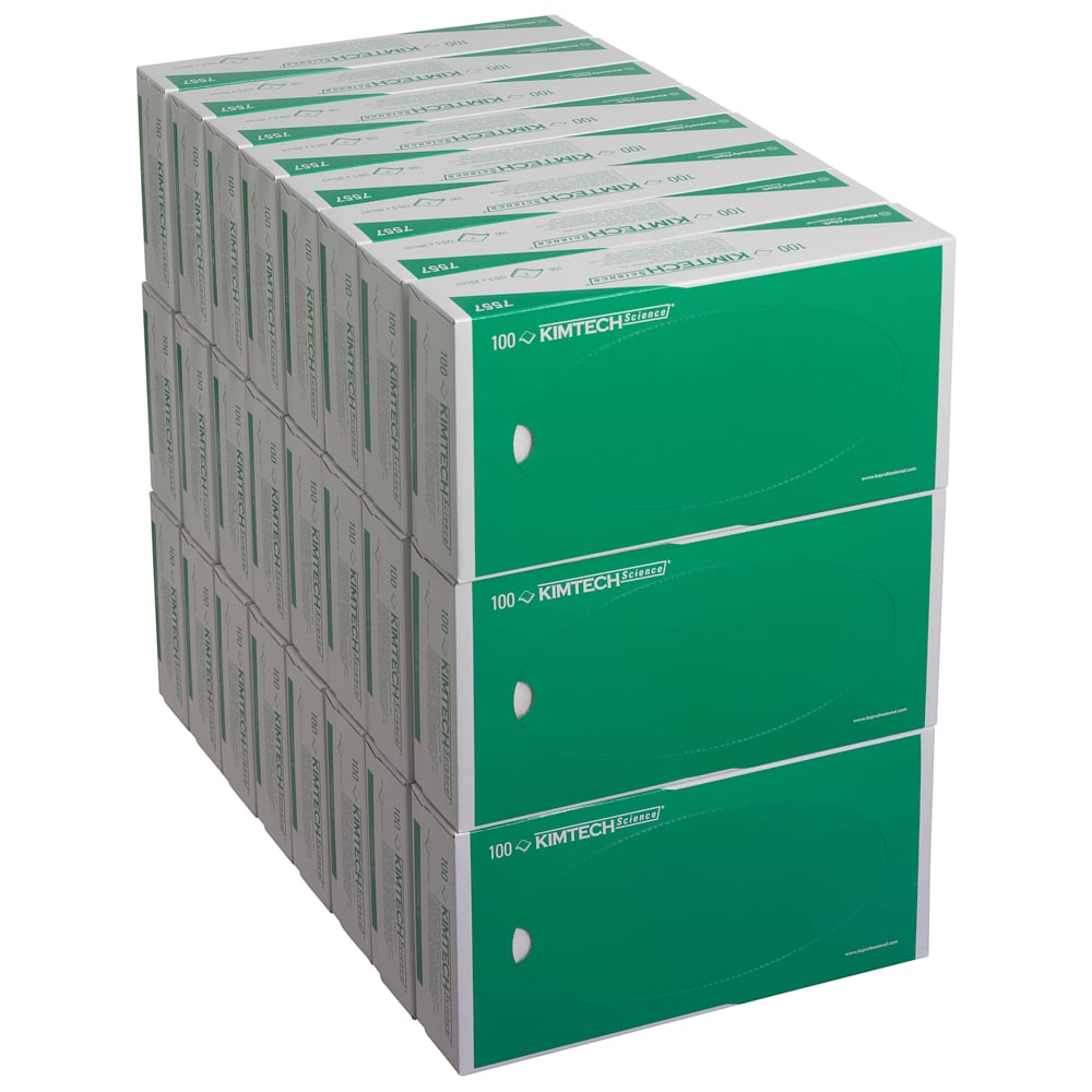 Una pila di 24 scatole di salviette di precisione Kimtech® Science della Kimberly-Clark, bianche a 2 strati con marchio "100" - perfette per laboratori che necessitano di salviette di precisione di alta qualità oltre ai guanti protettivi.