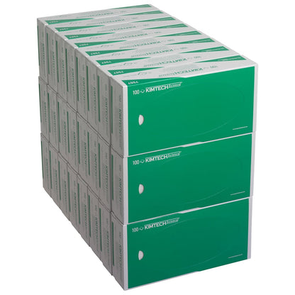 Una pila di 24 scatole di salviette di precisione Kimtech® Science della Kimberly-Clark, bianche a 2 strati con marchio "100" - perfette per laboratori che necessitano di salviette di precisione di alta qualità oltre ai guanti protettivi.