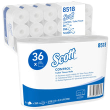 Una confezione di carta igienica Scott® Control™ di Kimberly-Clark GmbH contiene 6 pacchi da 6 rotoli bianchi da 350 fogli ciascuno; la confezione evidenzia l'igiene e mostra i dettagli del prodotto.