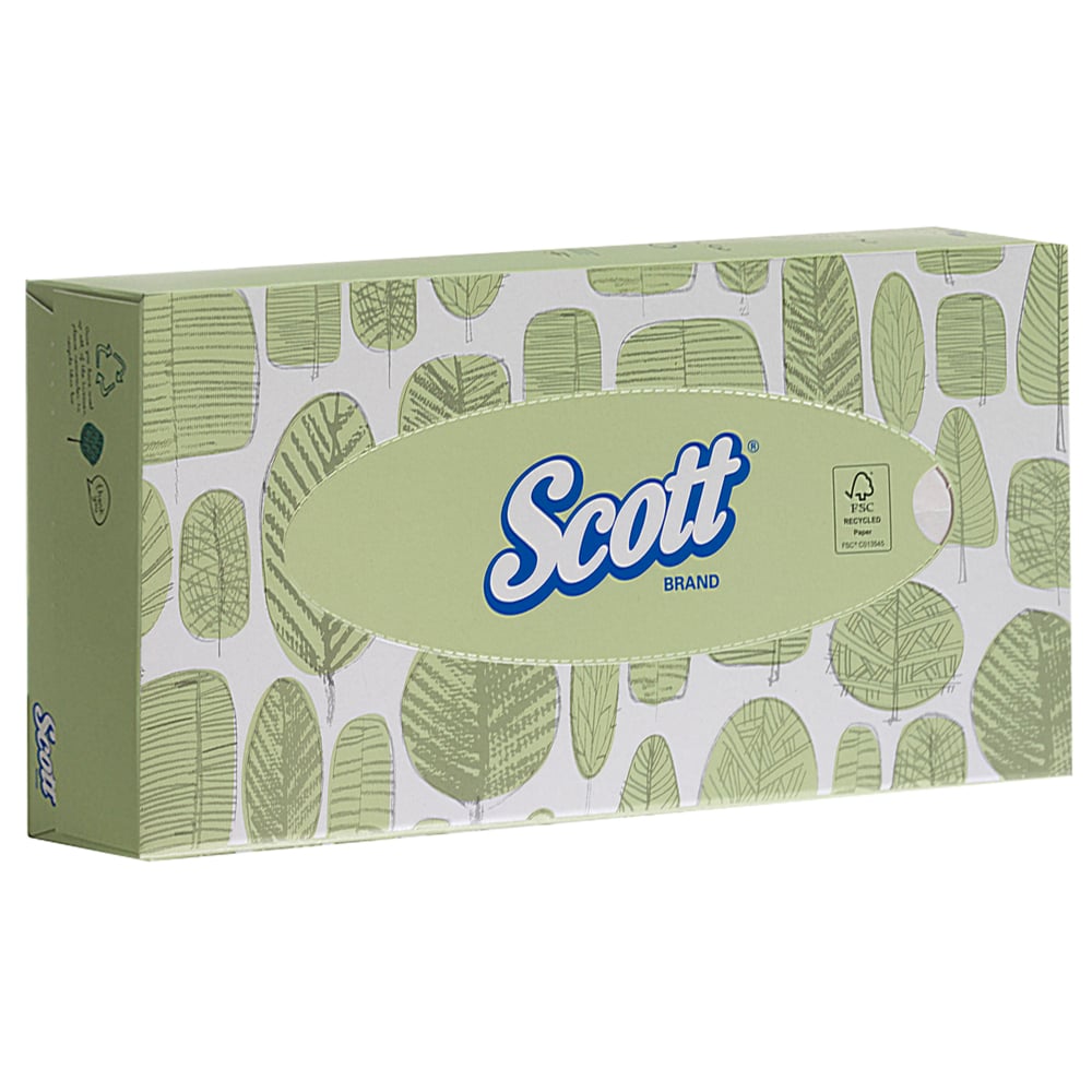 Scott® fazzoletti cosmetici - Standard/Bianco di Kimberly-Clark GmbH: Ogni scatola verde con design a foglie bianche contiene 100 fazzoletti morbidi. Nel cartone ci sono 21 scatole dispenser - ideali per l'uso quotidiano.