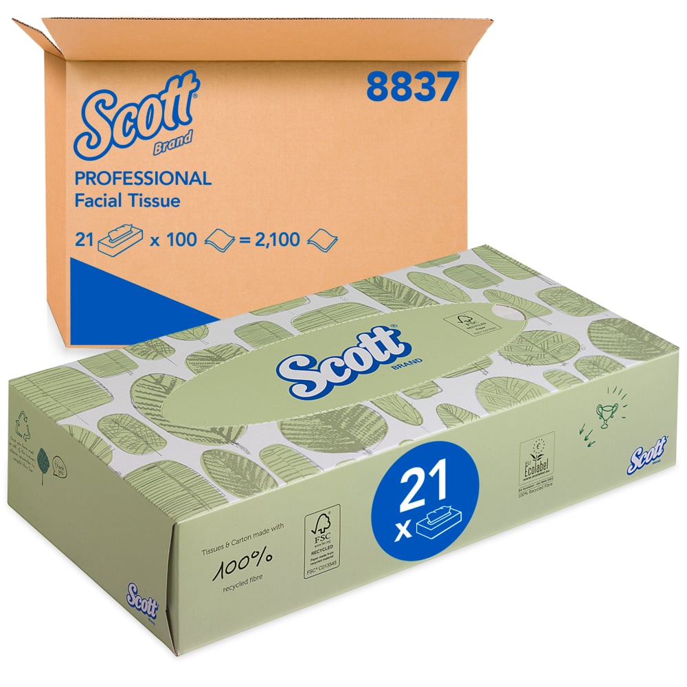 Una confezione di fazzoletti cosmetici Scott® della Kimberly-Clark GmbH contiene 21 scatole dispenser bianche con 100 fogli ciascuna - ideali per fazzoletti morbidi.