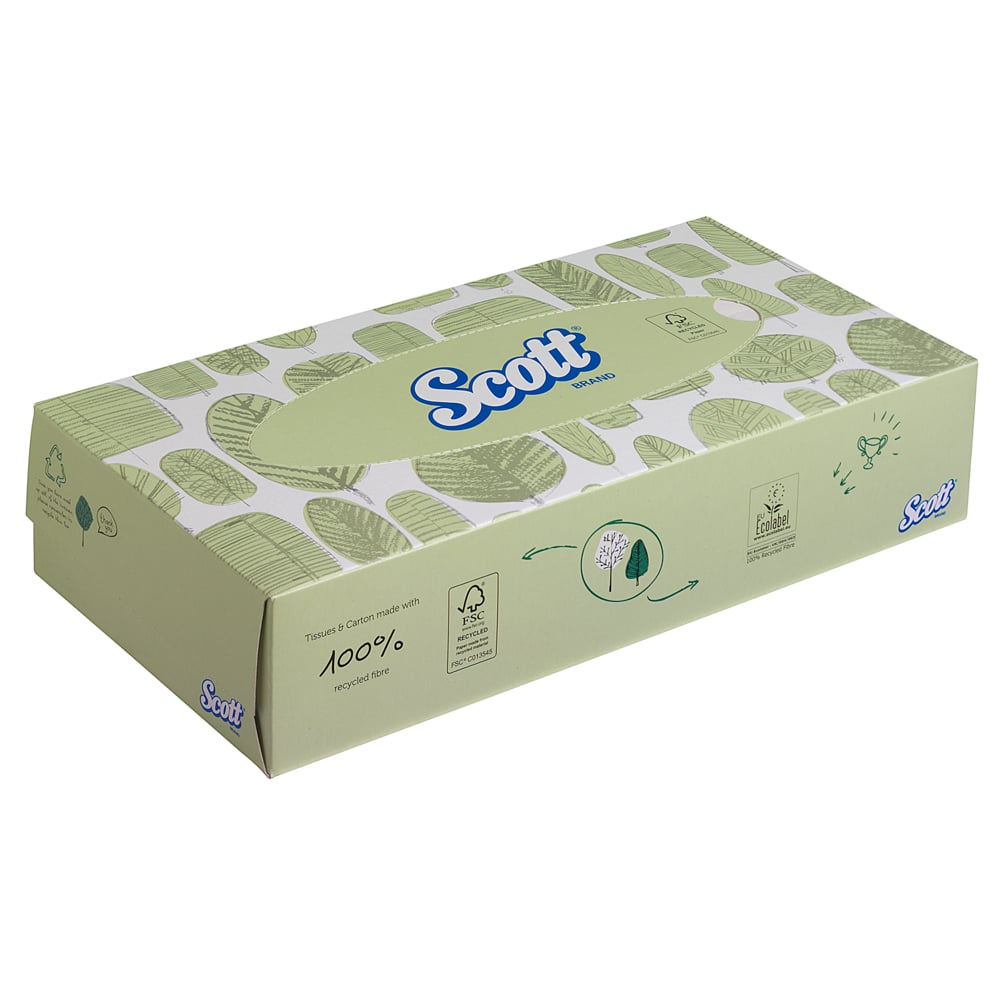 I fazzoletti cosmetici standard Scott® della Kimberly-Clark GmbH sono disponibili in 21 scatole dispenser (da 100 fogli ciascuna), hanno un design a foglia verde e sono composti al 100% da fibre riciclate - ideali per chi cerca fazzoletti sostenibili ed ecologici.