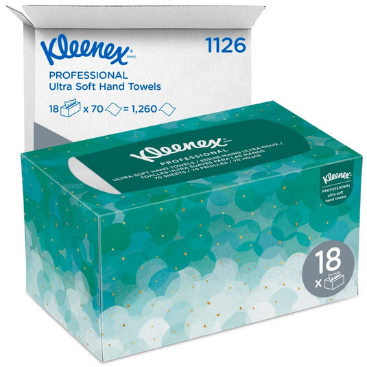 È raffigurata una confezione di fazzoletti Kleenex® Ultra™ Interfold (bianchi, medi, 70 pezzi) della Kimberly-Clark GmbH davanti a un cartone da spedizione bianco recante le scritte "1126" e "18 x 70 = 1.260", all’interno del quale sono contenute 18 confezioni monodose.