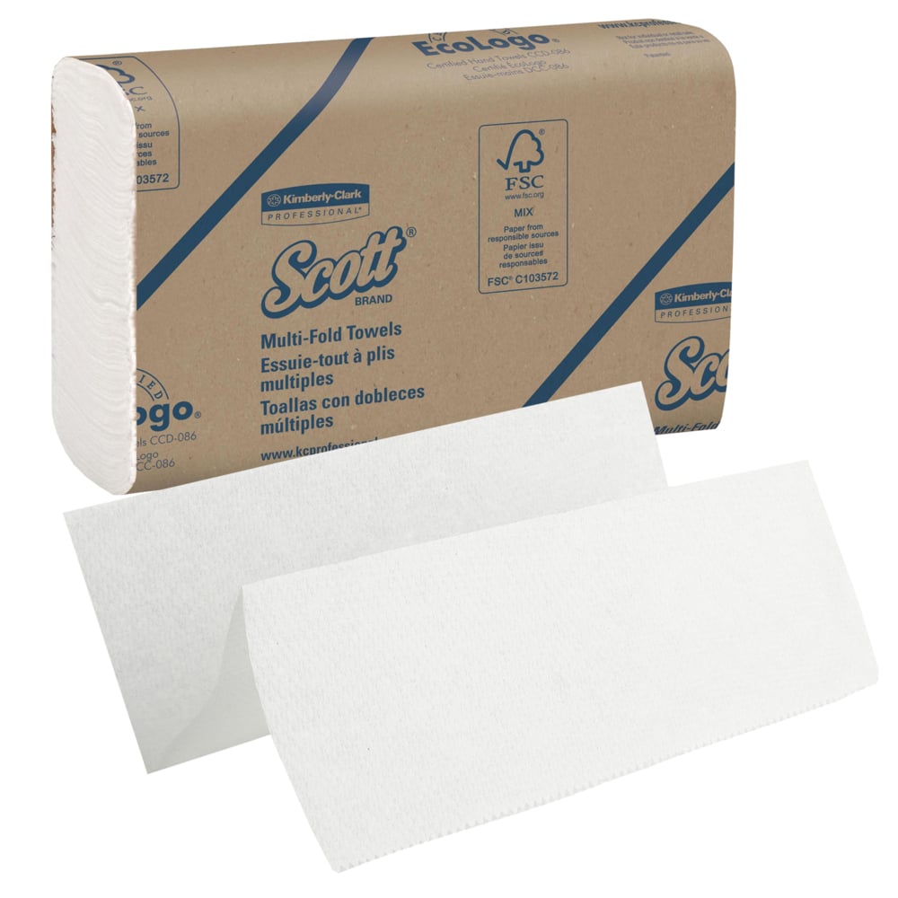 Una scatola di asciugamani Scott® - MultiFold, Bianco, Medio, 16 clip x 250 fogli della Kimberly-Clark GmbH; raffigurata con due asciugamani bianchi non piegati - ideale per l'asciugatura igienica delle mani.