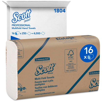 Una scatola di spedizione bianca con la scritta "Scott® Asciugamani - MultiFold / Bianco" della Kimberly-Clark GmbH contiene 16 confezioni da 250 fogli ciascuna (per un totale di 4.000 asciugamani) e offre un'asciugatura delle mani igienica nel pratico multipack.