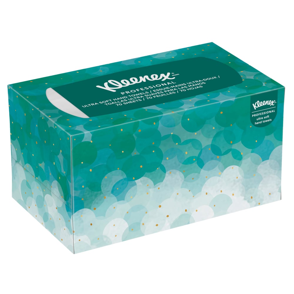 Eine rechteckige Box mit Kleenex® Ultra™ Handtüchern Interfold, Weiß, Mittel von Kimberly-Clark GmbH - praktisch, hygienisch und stilvoll für jede Umgebung, mit modernem Design und dem Kleenex Logo sowie einem Tuch sichtbar am oberen Rand.