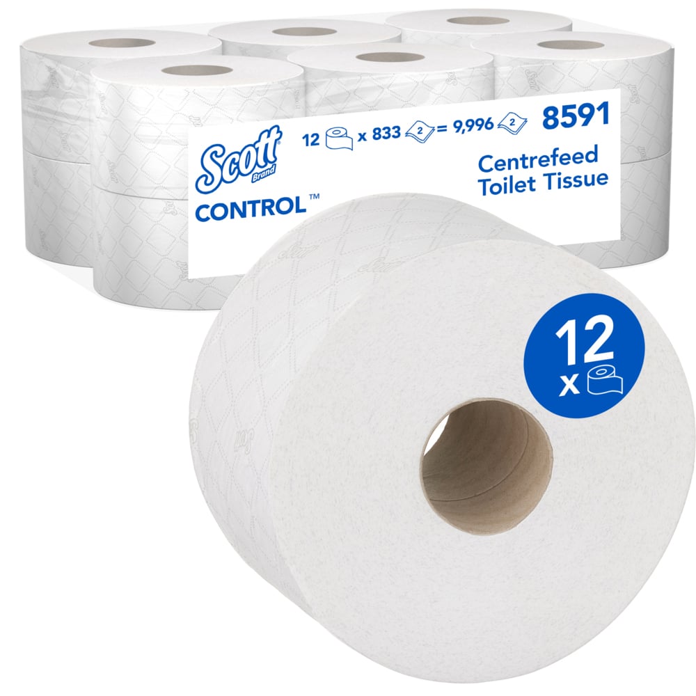 Una confezione di carta igienica Kimberly-Clark Scott® Control™ - con erogazione centrale, contenente 12 rotoli bianchi da 833 fogli ciascuno (totale: 12 x 833), codice prodotto 8591, ideale per ambienti professionali.