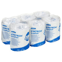 I sei rotoli di salviette Kimtech® - estrazione centrale della Kimberly-Clark GmbH, ciascuno con 225 fogli bianchi, sono confezionati in un imballaggio trasparente in plastica e dotati di etichette blu e bianche che mostrano un'immagine di pulizia a mano per un'estrazione centrale efficace.