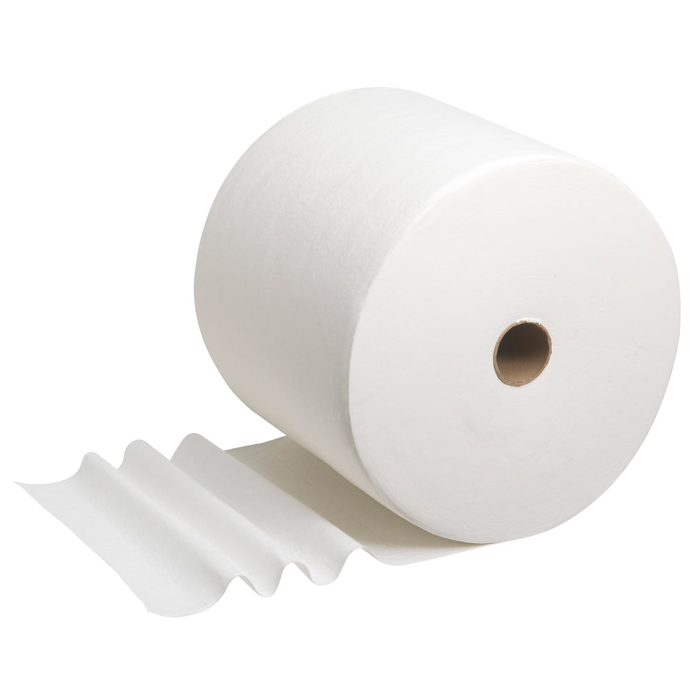 Un rotolo grande WypAll® L40 PowerClean (Kimberly-Clark GmbH) con diversi panni assorbenti non arrotolati si trova su sfondo bianco. 1 rotolo contiene 750 panni per cartone.