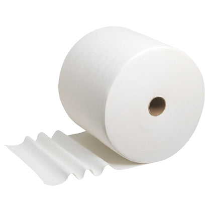 Un rotolo grande WypAll® L40 PowerClean (Kimberly-Clark GmbH) con diversi panni assorbenti non arrotolati si trova su sfondo bianco. 1 rotolo contiene 750 panni per cartone.