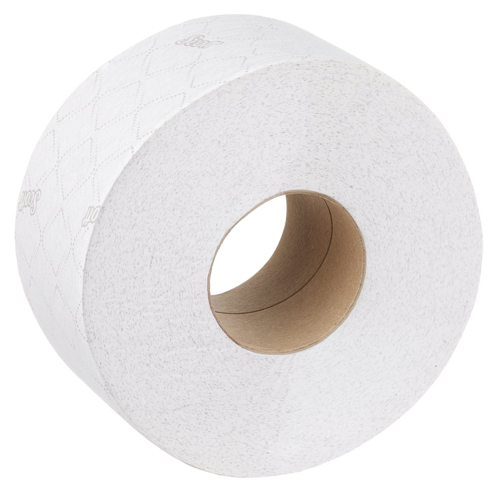 Eine große Rolle Scott® Essential™ Maxi Jumbo weißes Toilettenpapier der Kimberly-Clark GmbH mit Pappkern und dezenter Rautenprägung; Karton enthält 6 Rollen mit 380 Blatt pro Rolle.